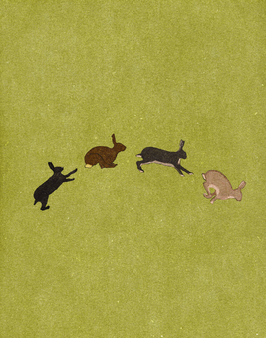 4 bunnies jumping with a green background 