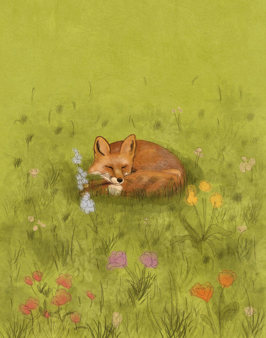 Fox lying in a grassy field with flowers on a green background