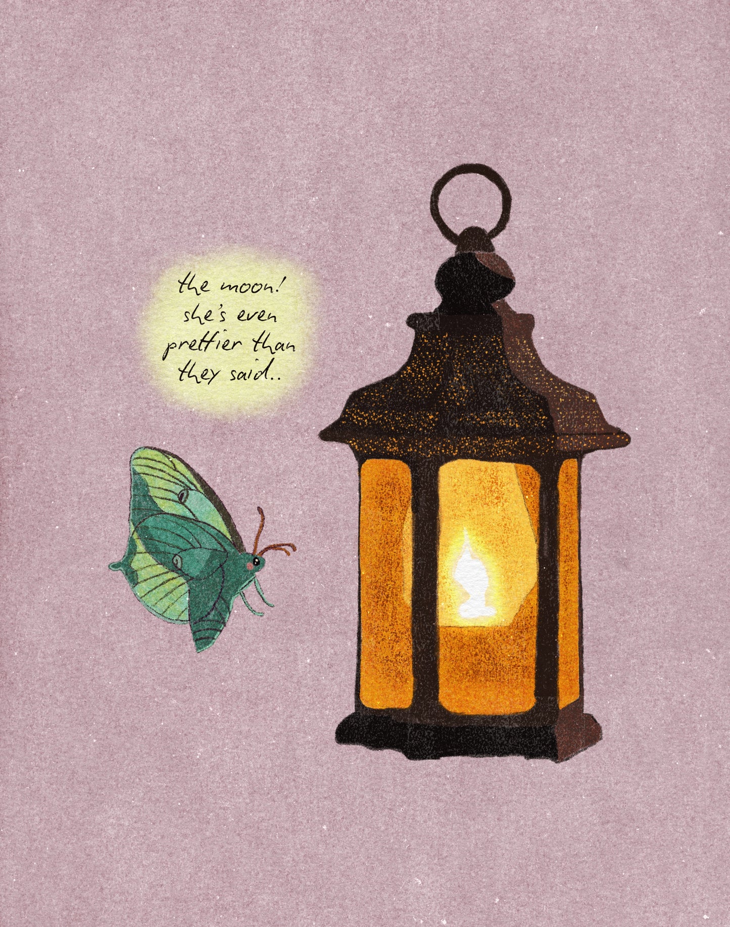 A moth flying towards a lantern mistaking it for the moon on a lilac background cute comic