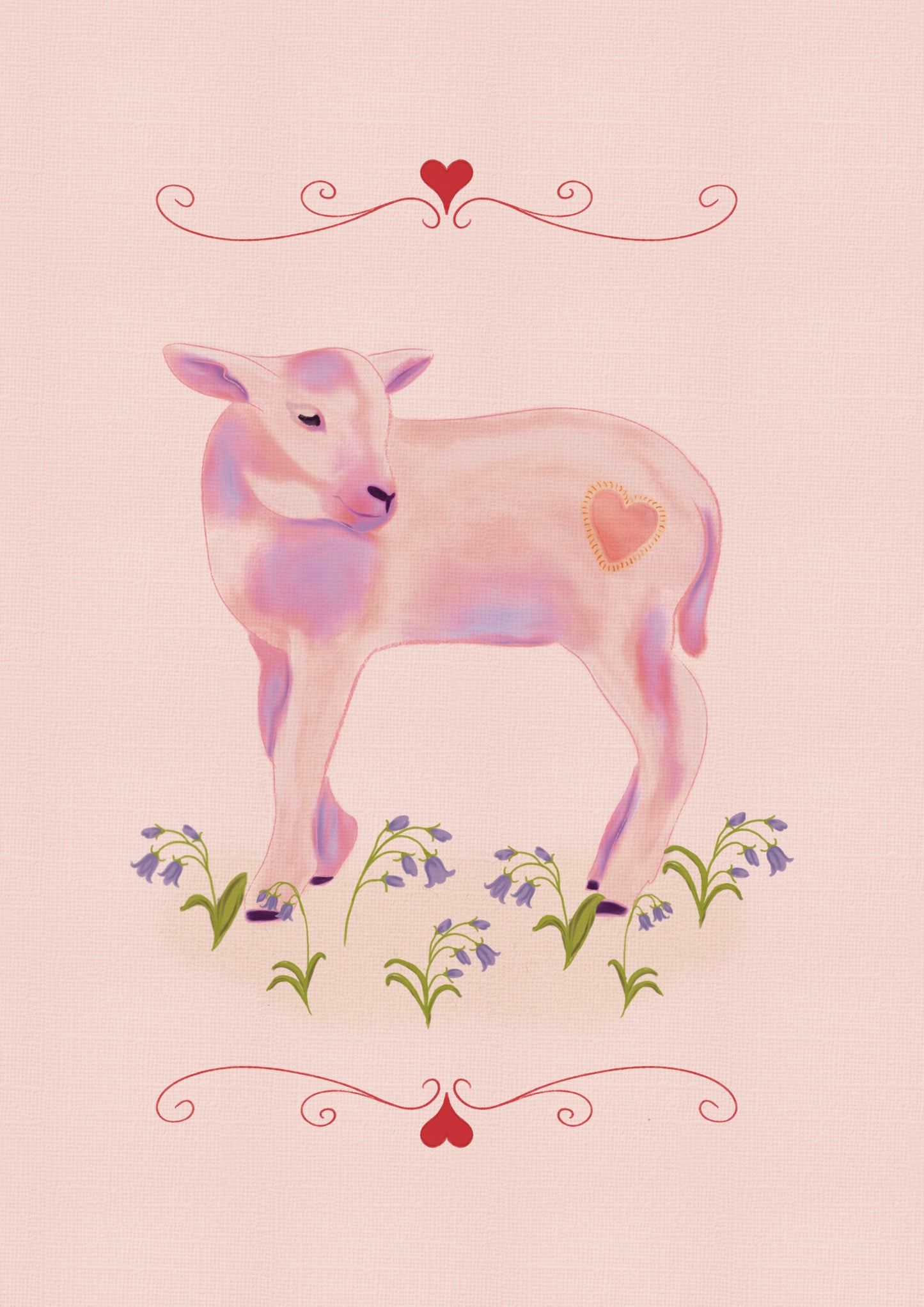 Pastel-colored lamb with hearts and flowers on a light pink background