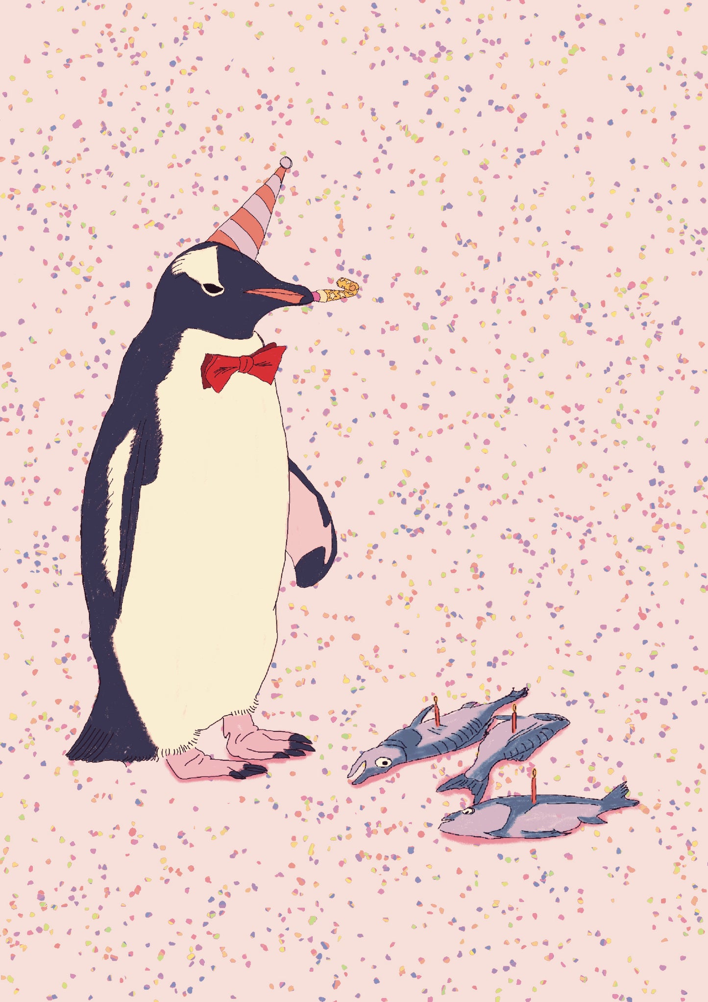 cute Penguin in a party hat on a pink confetti background