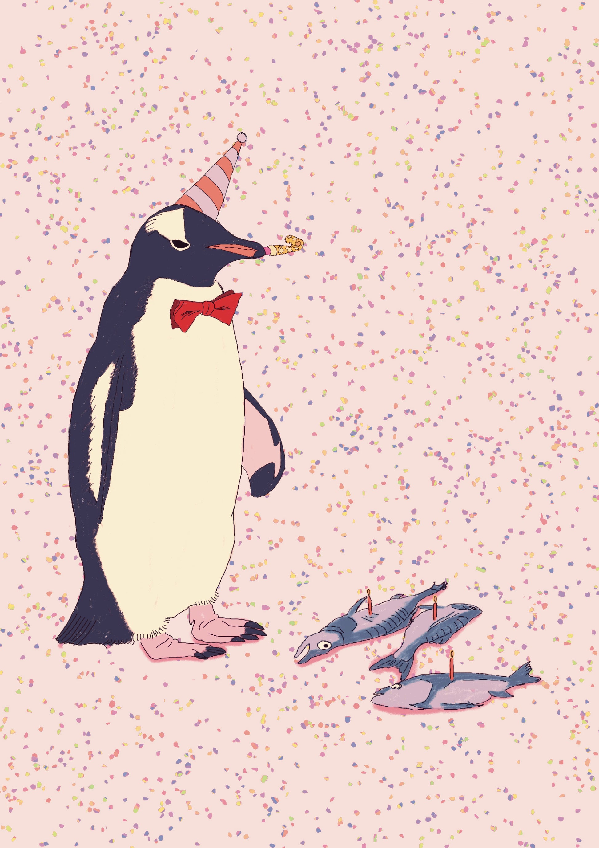 cute Penguin in a party hat on a pink confetti background