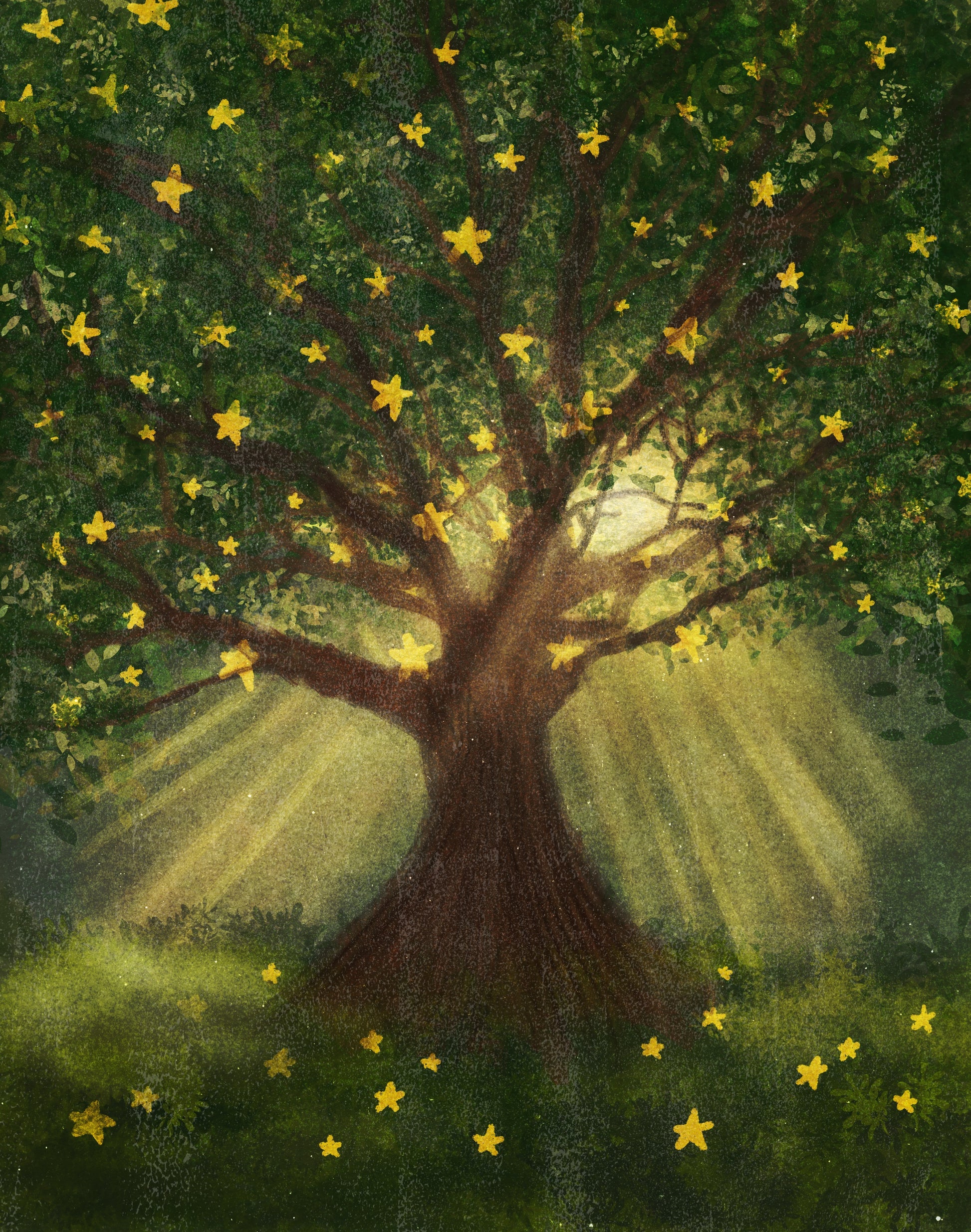Tree with yellow star flowers and a bright light at its center, surrounded by greenery.