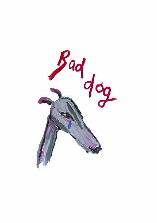 Cartoon dog head with 'Bad dog' text on a white background