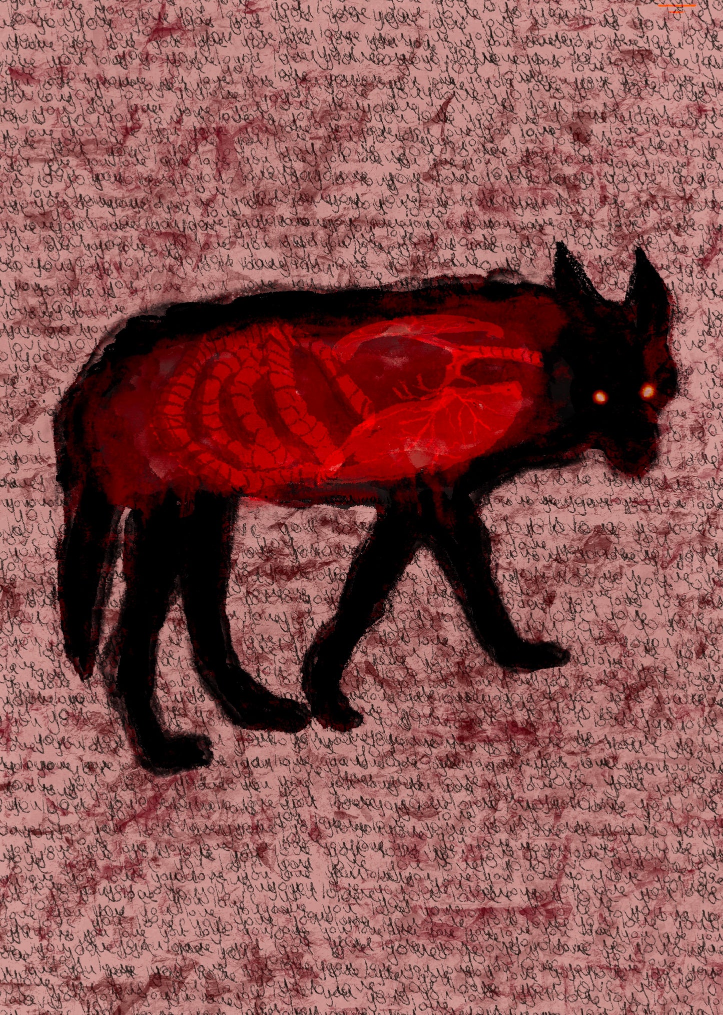 Wolf with red glowing body and organs on a textured pink background