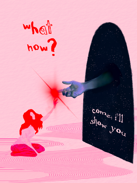 Illustration of a character with red hair kneeling before a dark silhouette with a blue, on a pink background.