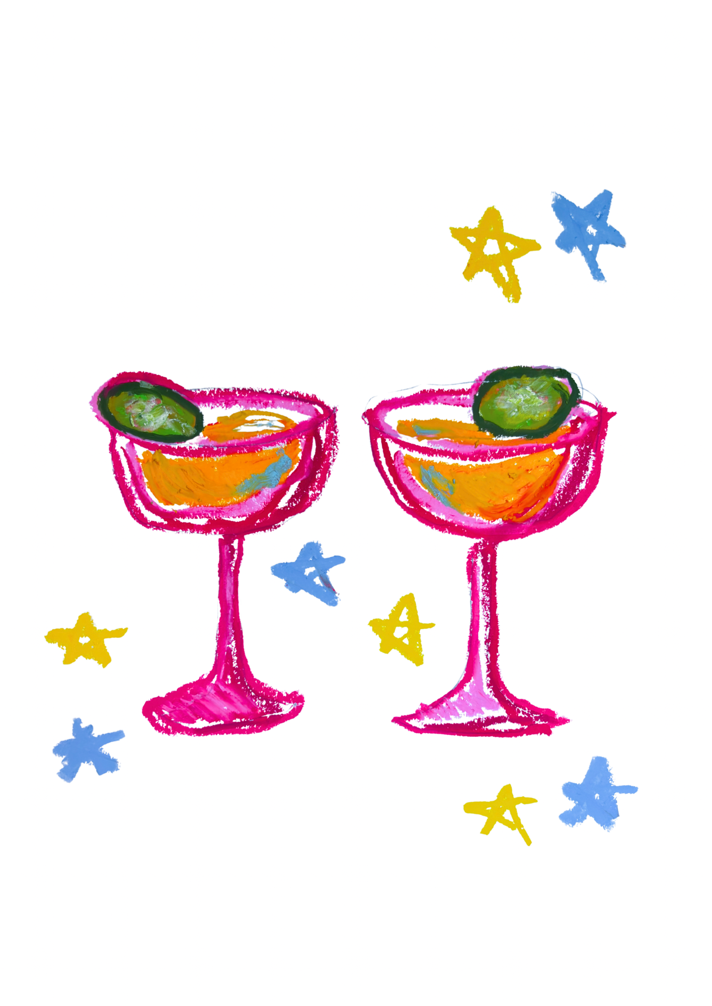 Colorful drawing of two cocktail glasses with colorful stars on a white background