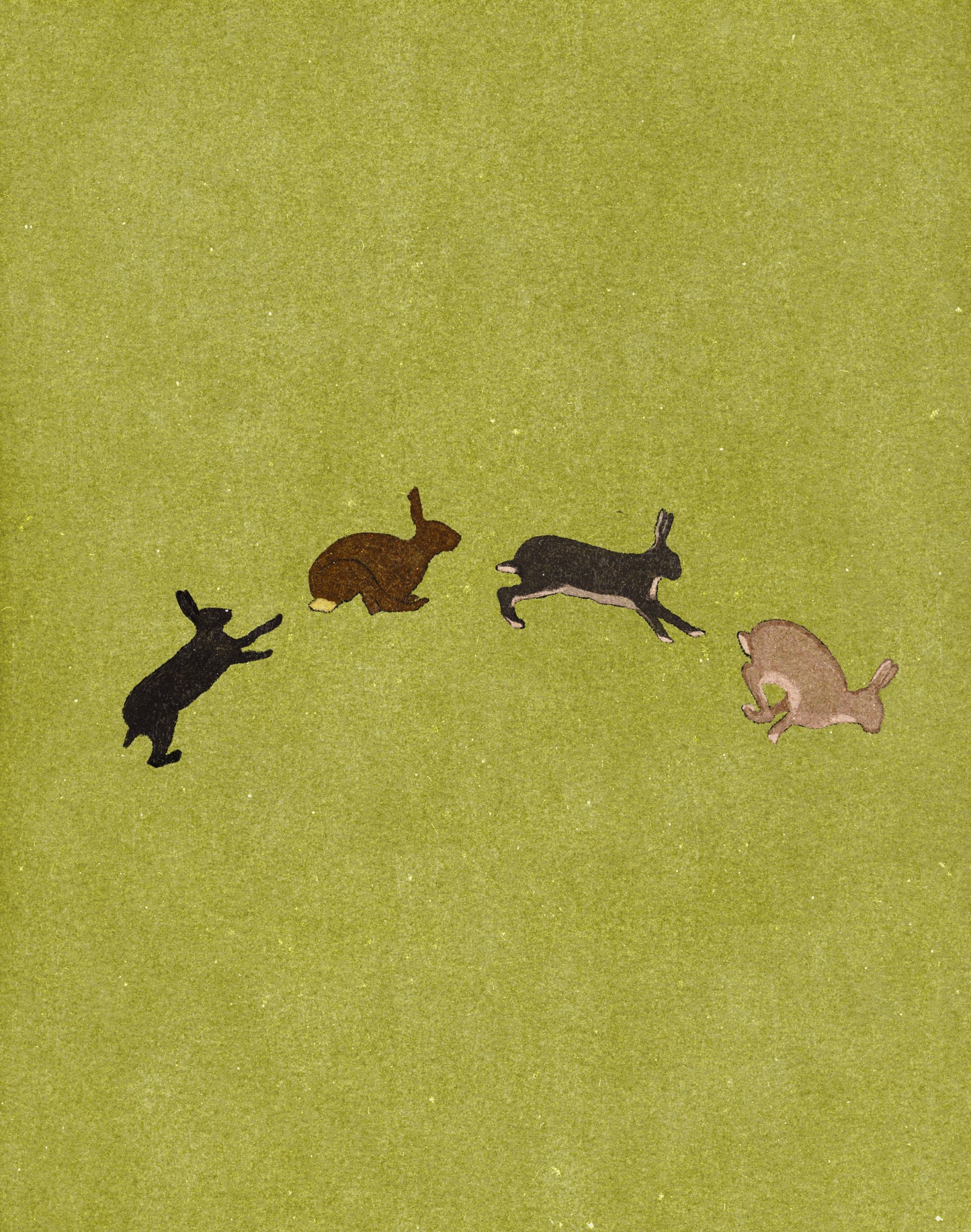 Illustration four cute rabbits jumping on a green background