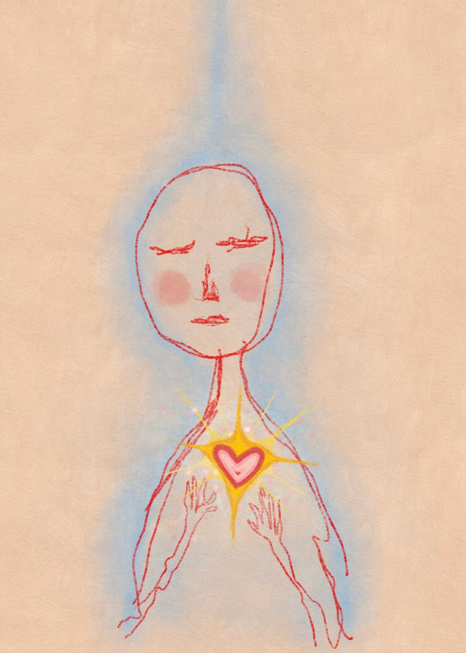 Illustration of a human figure with a glowing heart at the center on a cream background