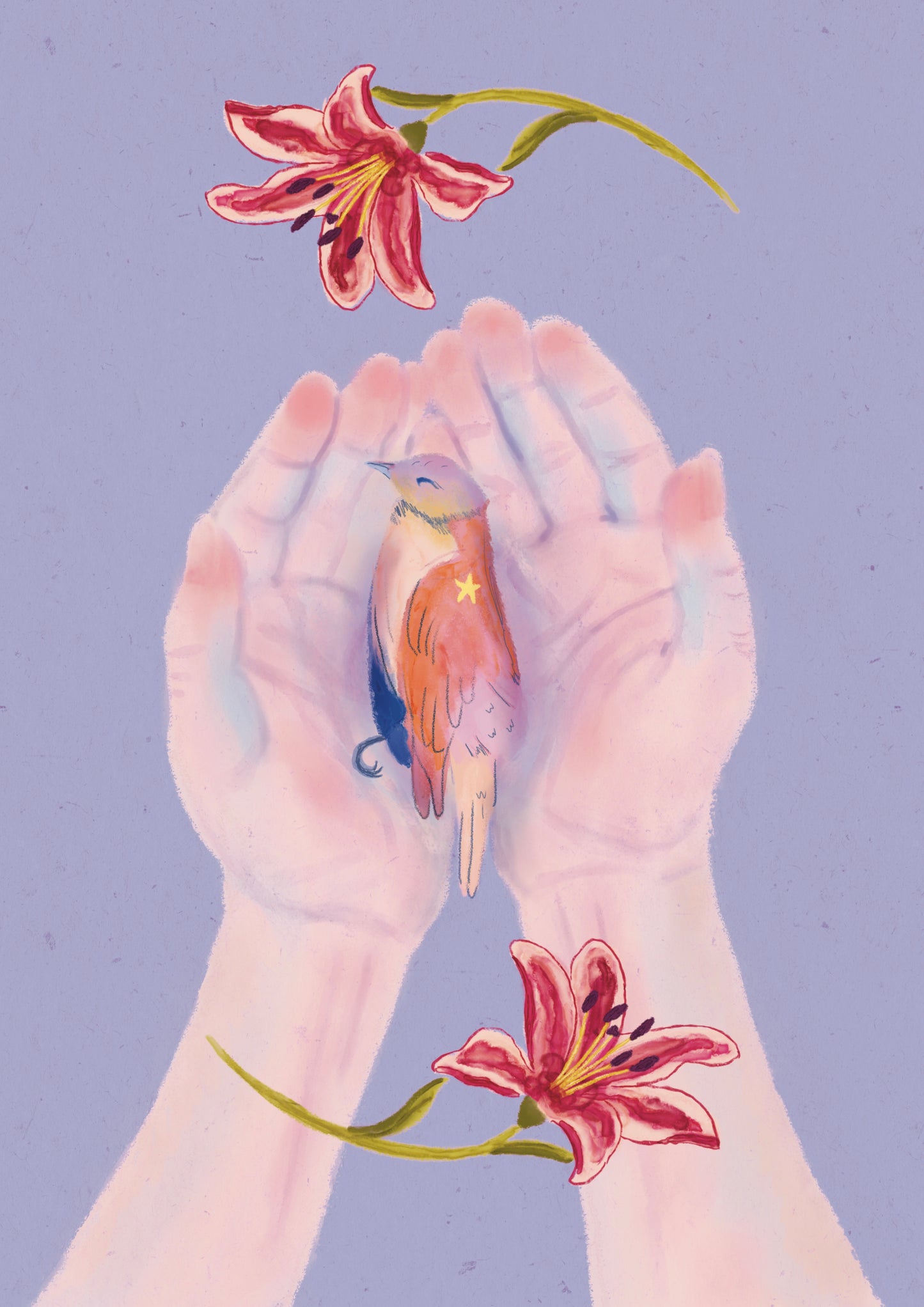Illustration of hands holding a small bird with pink lilies on a light purple background