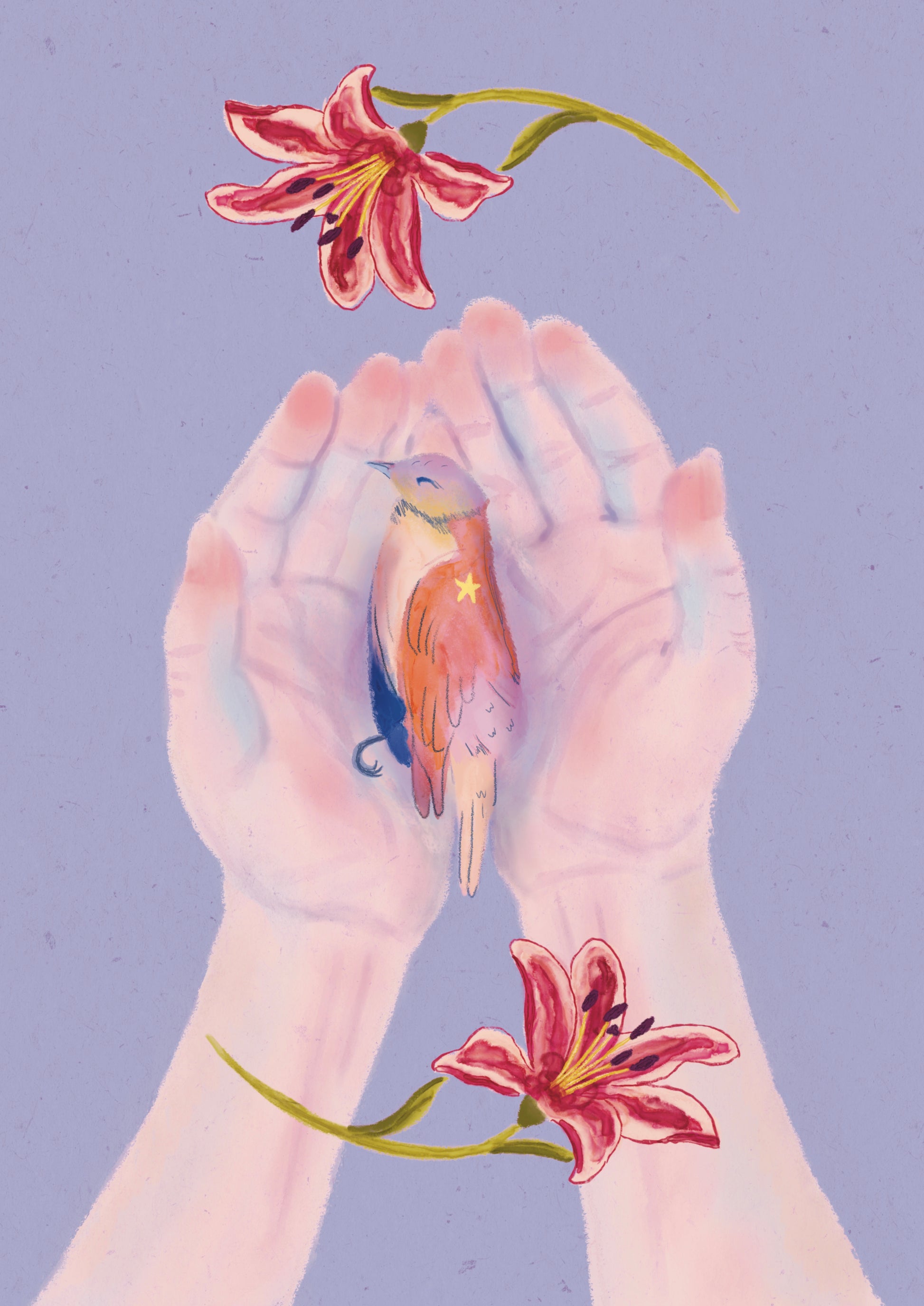 Illustration of hands holding a small bird with pink lilies on a light purple background