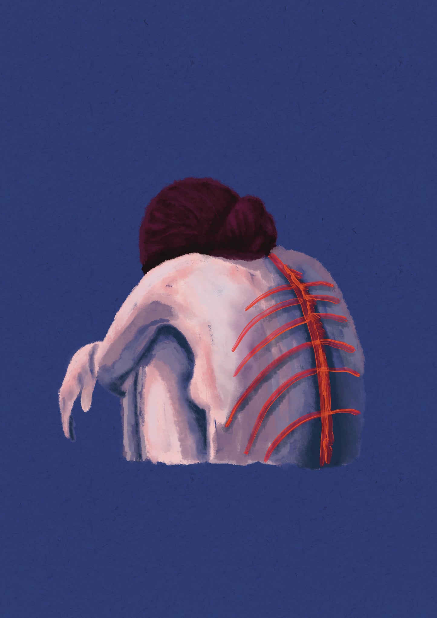 Woman in contrasting light crouching into herself, her ribs are glowing red