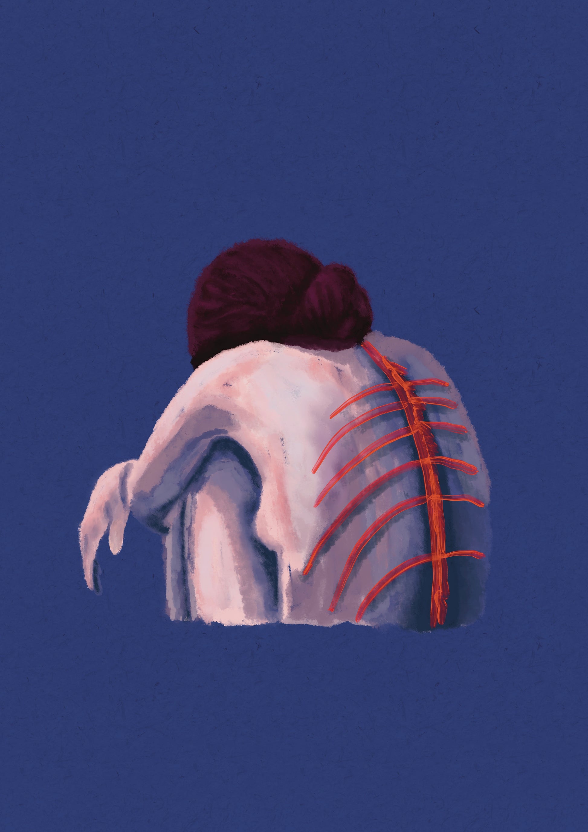 Woman in contrasting light crouching into herself, her ribs are glowing red