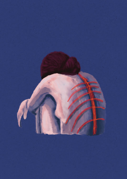 Woman in contrasting light crouching into herself, her ribs are glowing red