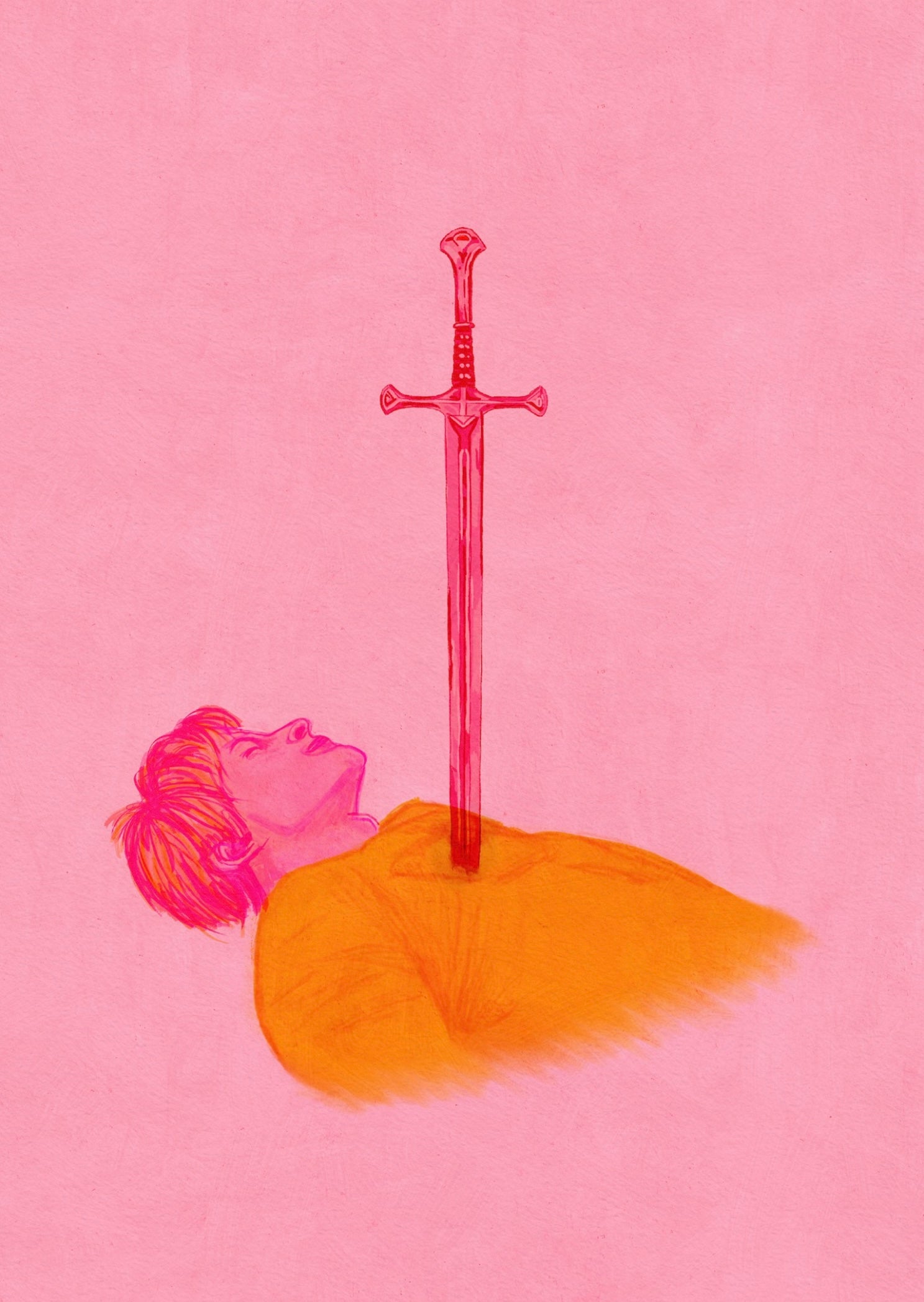 Illustration of a sword embedded in a heart on a pink background