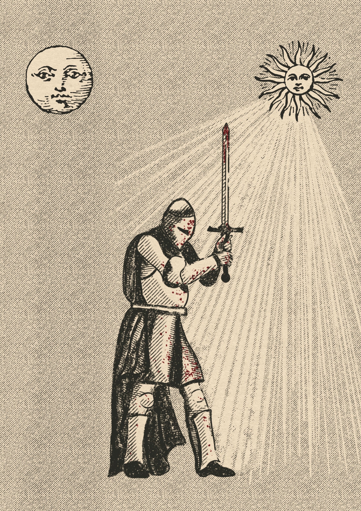 Medieval woodcut illustration of a knight holding a sword surrounded by sun and moon symbols.